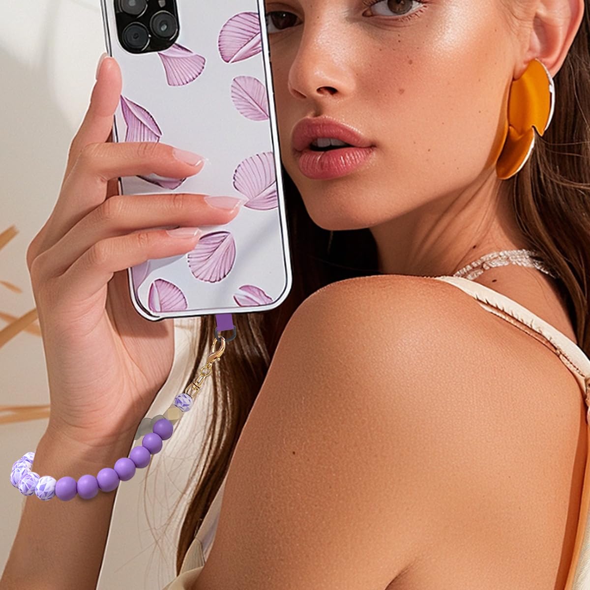 VICHUNHO Marble Silicone Beaded Phone Wrist Strap, Cellphone Lanyard with Tether Tab, Elastic Hands-Free Wristlet Bracelet