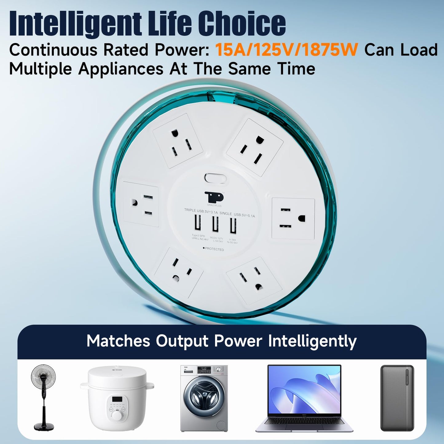 Surge Protector Power Strip,Smart Design Extension Cord,4 Feet Flat Extension with 6 Outlet+3 USB Quick Charging Power Strips with Surge Protector