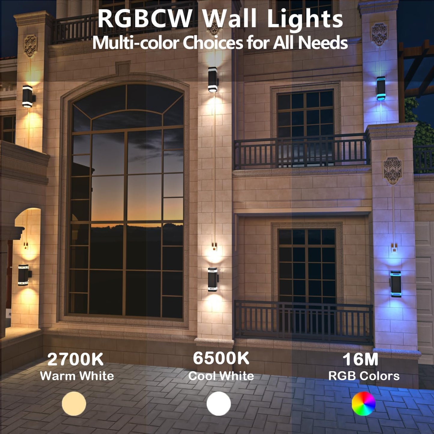 wowlite Smart Up and Down Lights Outdoor 2 Pack, RGBCW Exterior Lighting Fixtures WiFi App Control 2700K-6500K Ambience Wall Sconce Light Color