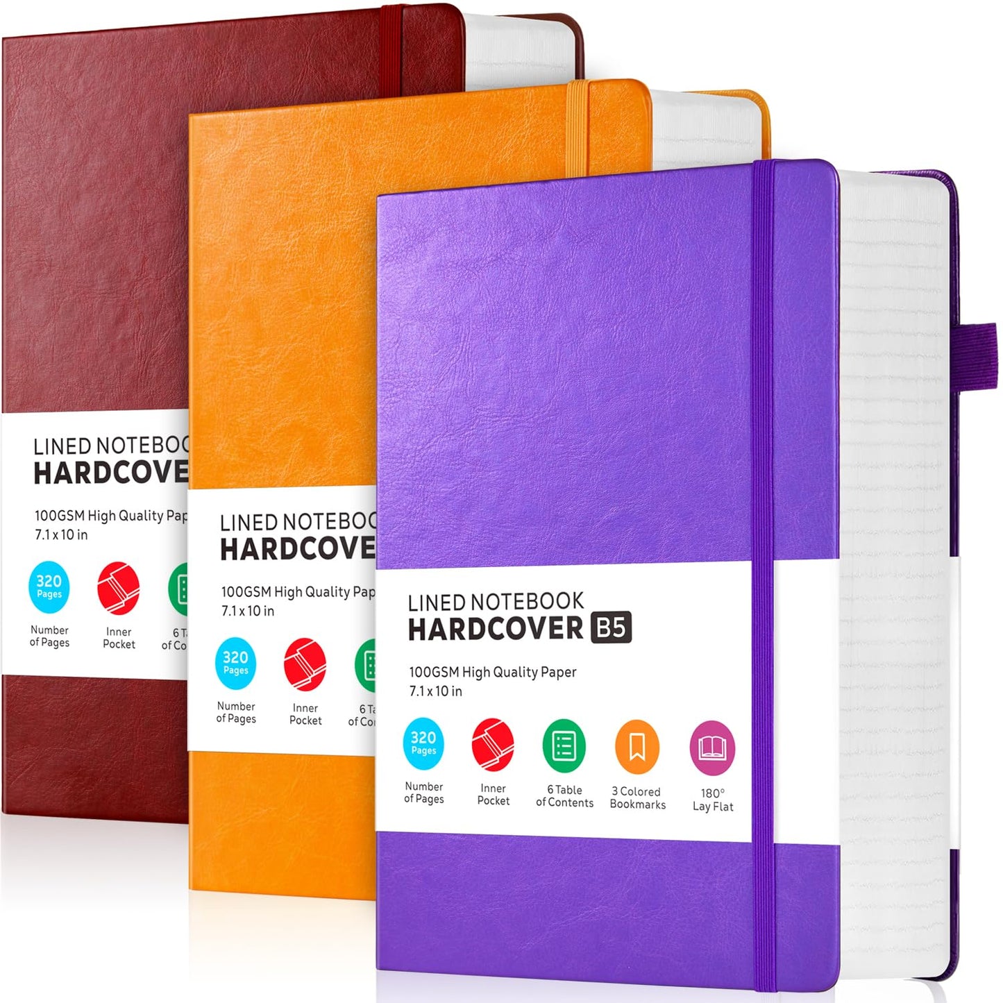 FOCUS DAY 3 Pack Journals Notebooks, B5(7.1'' X 10'') Thick Notebook Journal College Ruled Bulk, Large Hardcover Leather Bound Lined Notebook Journal