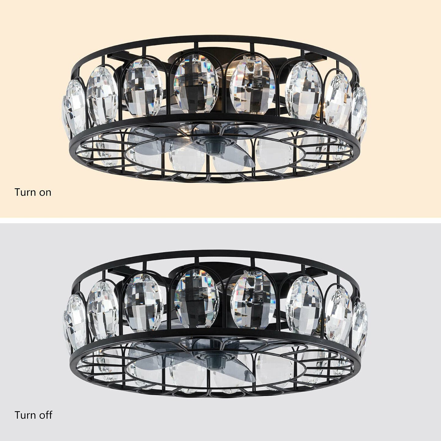YIYIBYUS 18 Inch Industrial Crystal Ceiling Fan with Lights, Black Caged Low Profile Chandelier Fan Timing with Remote Control 3-Speed 4-Light Semi