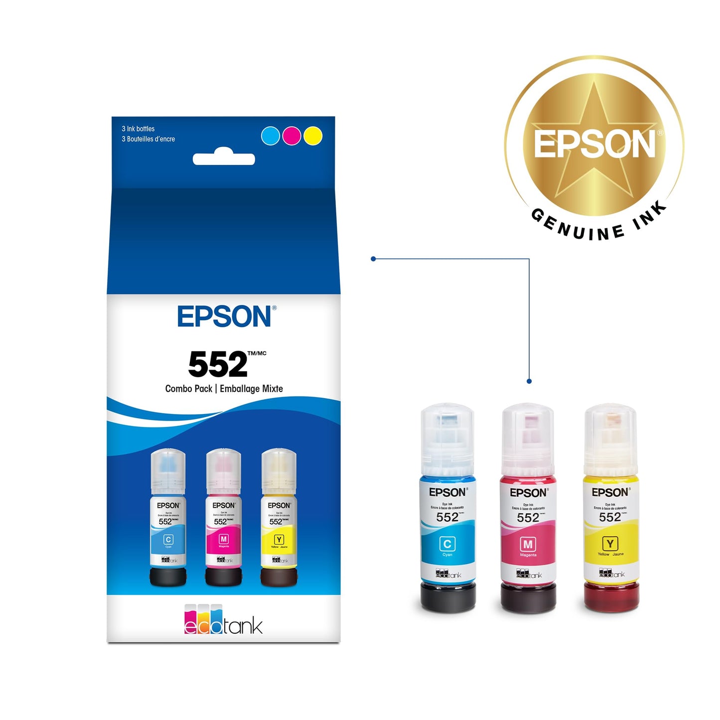 Epson 552 EcoTank Ink Ultra-high Capacity Bottle Three Color CMY Combo Pack (T552620-S) Works with ET-8500, 8550