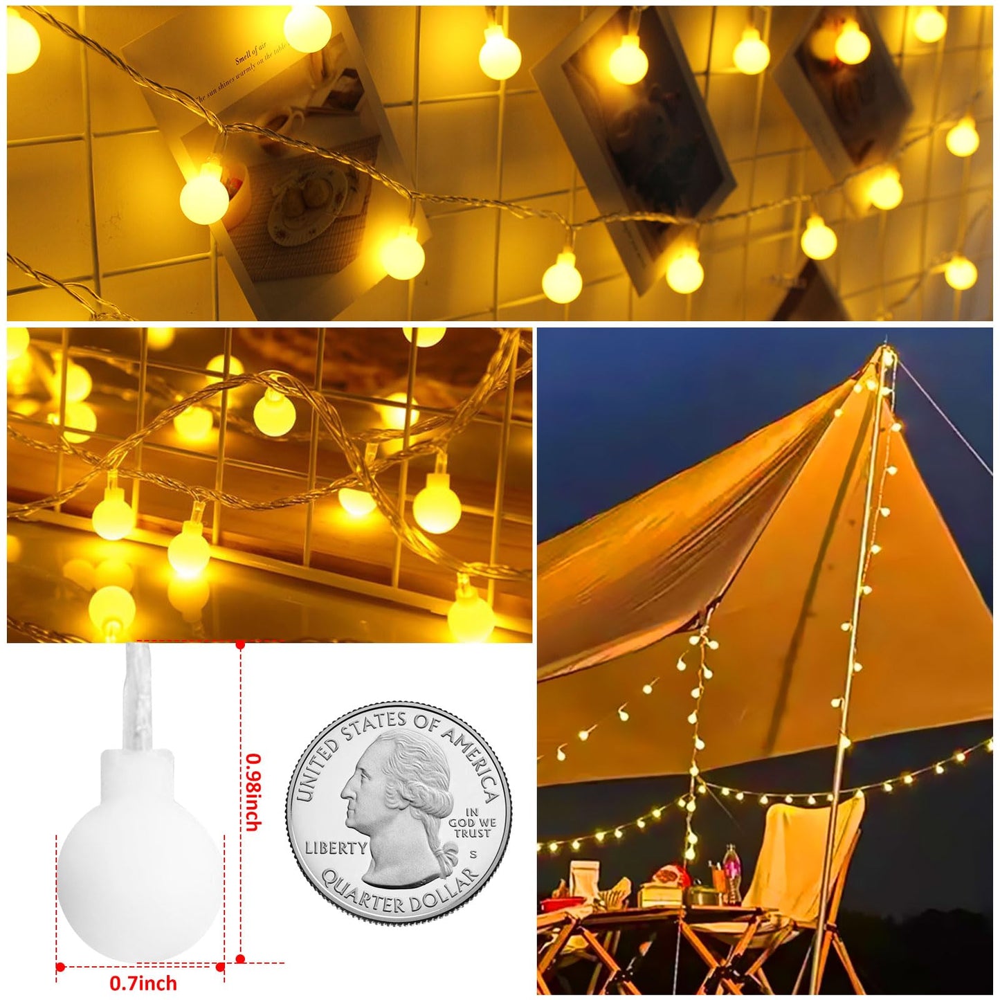 Battery Operated LED Globe String Lights, 2-Pack Total 52FT 120LEDs - Each 26FT 60LEDs 8 Mode Waterproof Christmas Fairy String Lights with Remote