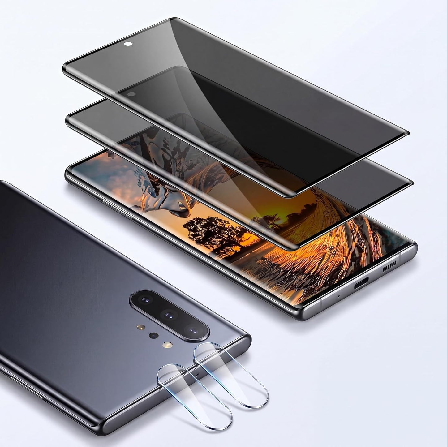 SunColorful 2+2 Pack Galaxy Note 10 Privacy Screen Protector, Anti Spy Tempered Glass 9H Hardness,2 Pack Camera Lens Protector, 3D Curved Full Screen