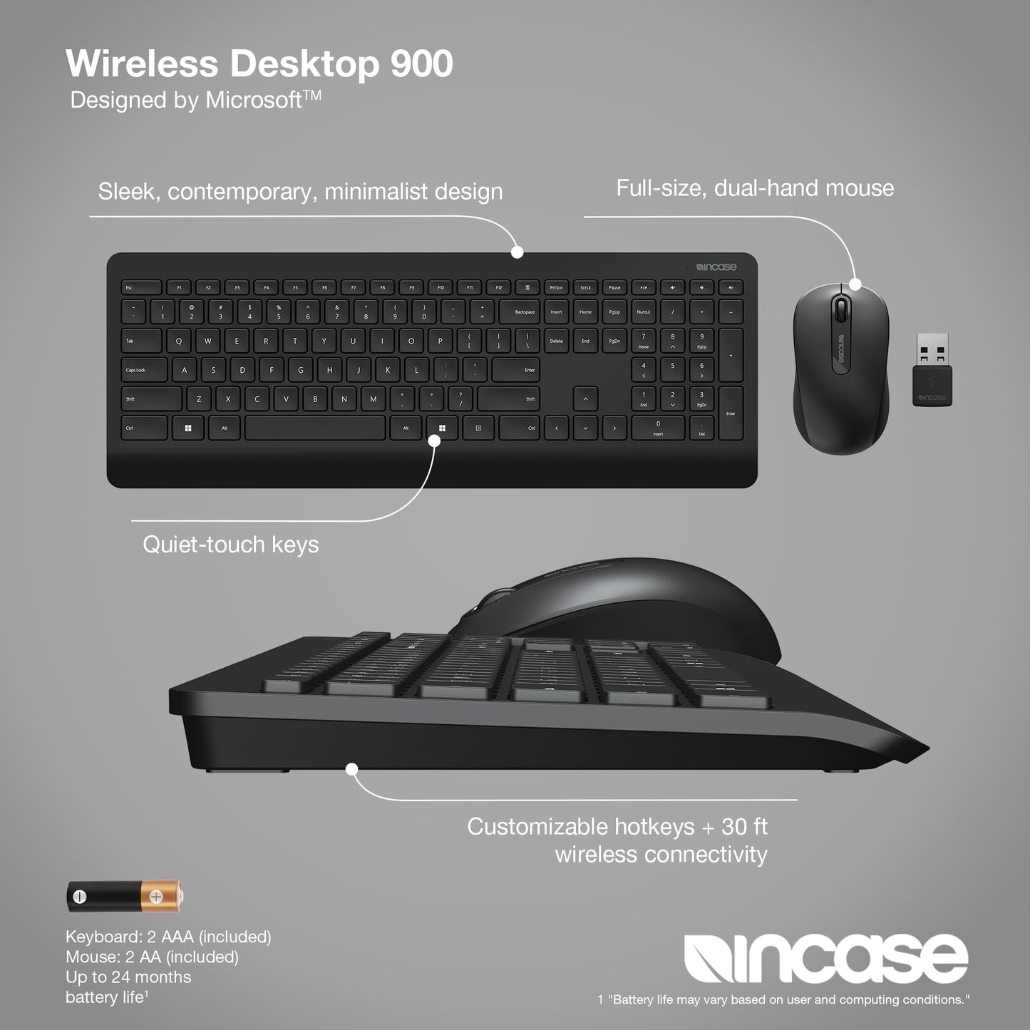 Incase Wireless Desktop 900 Keyboard and Mouse Combo - Designed by Microsoft - Quiet Touch Keys, Ambidextrous Design, Customizable Hotkeys, Two Year