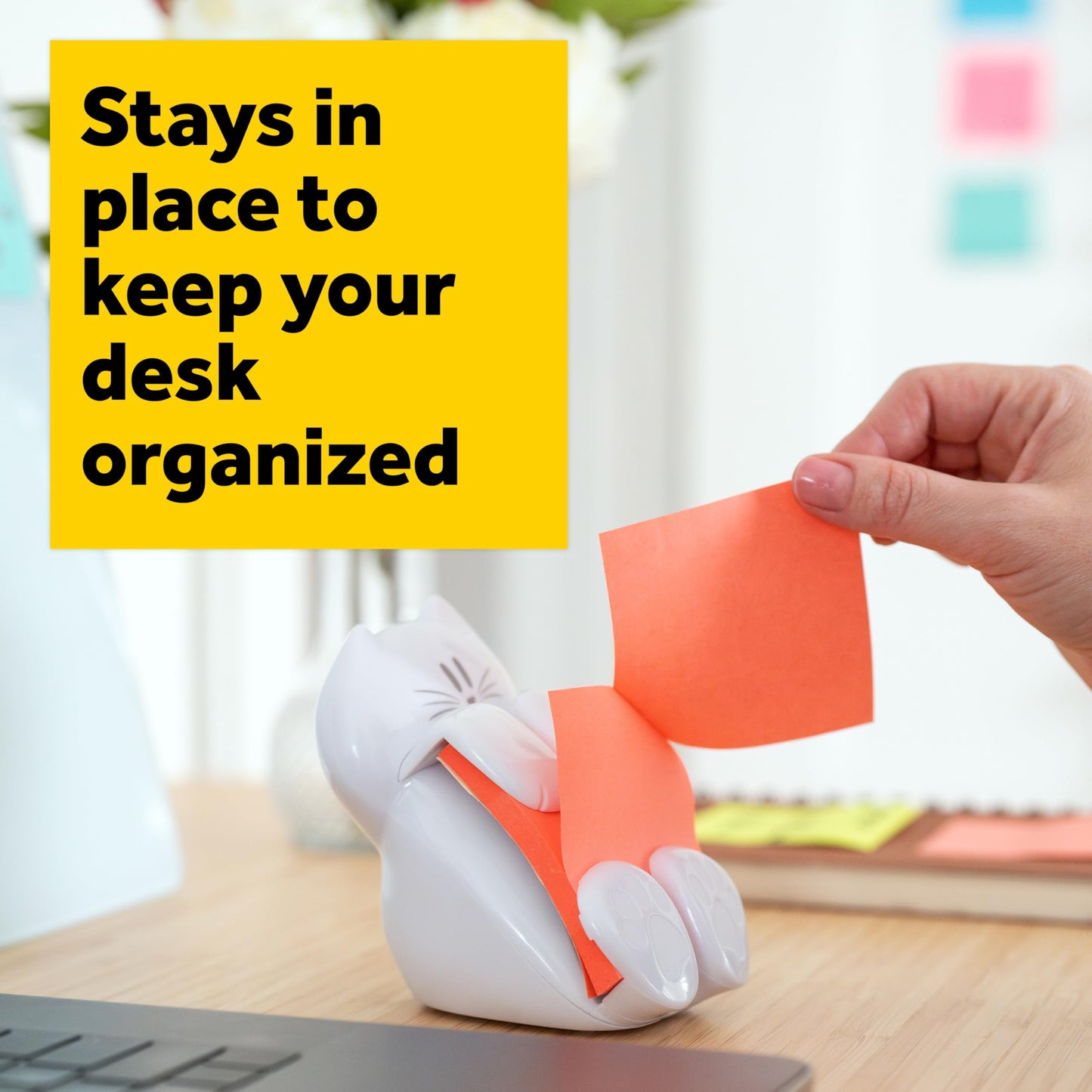 Post-it Dispenser, Sticky Note Holder, White Cat Design, Includes 45 Pop-Up Sheets of 3 in x 3 in Pink, Sticky Notes Holder for Desk, Classroom or