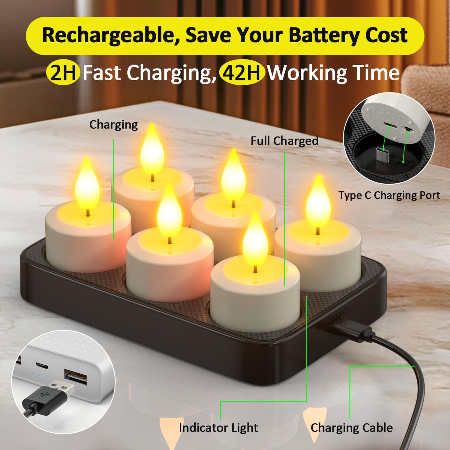 Yme Rechargeable Tea Lights with Remote Timer and Charging Base, 6 Pack LED Battery Operated Flickering Flameless Candles, Electric Tea Lights Votive