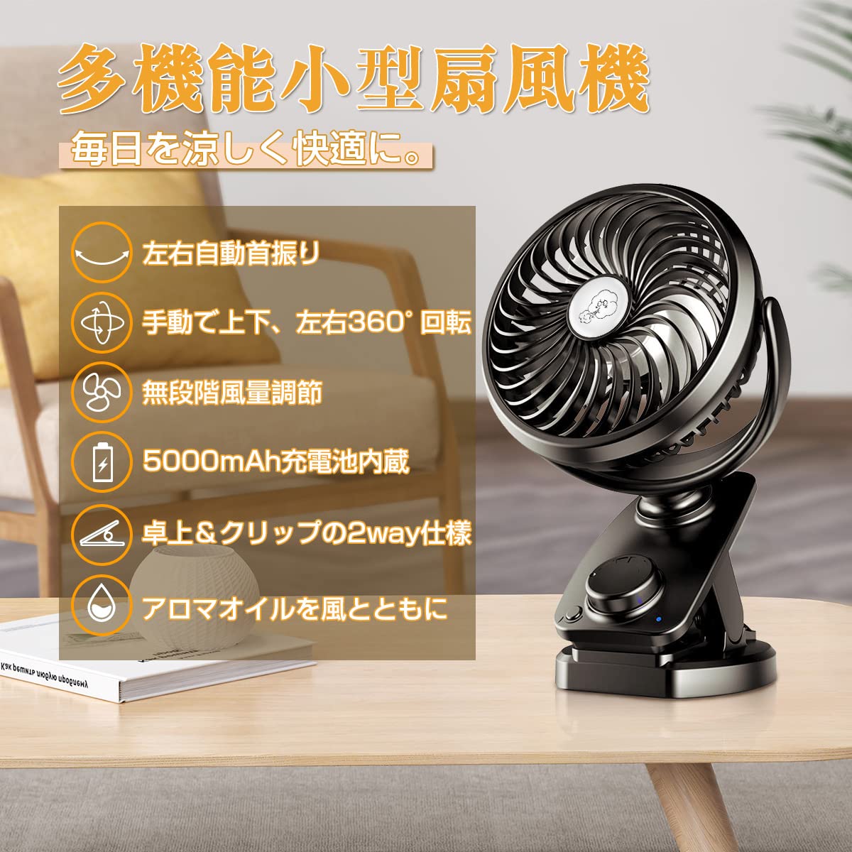 ?Automatic Oscillating & Up to 60 Hours of Continuous Usage?Small Rechargeable Tabletop Fan, Stepless Adjustable Air Flow, Built-in 5,000 mAh