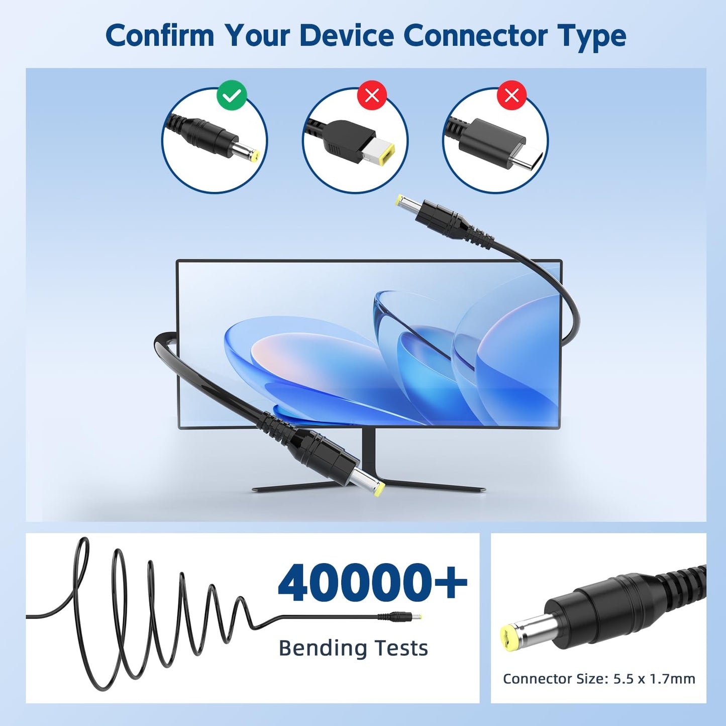 ROLADA 19V Power Cord Compatible with Acer Monitor S202HL SB220Q S230HL S240HL S220HQL S271HL S241HL SA230 S231HL R221Q H236HL H276HL R271 R240HY…