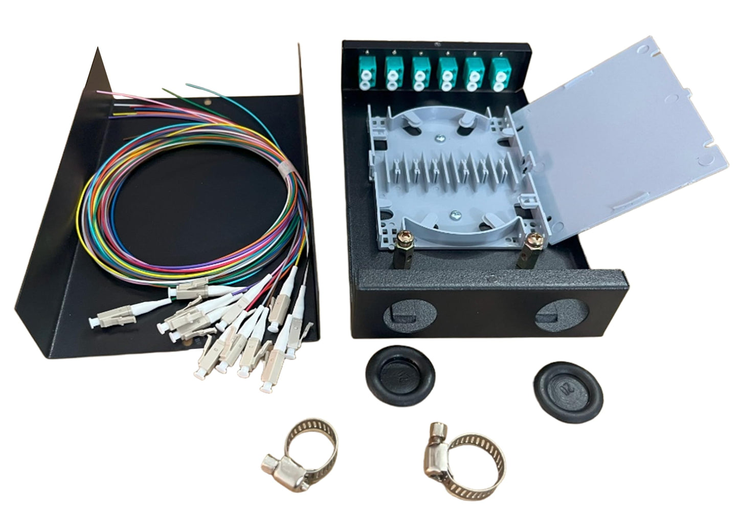 6-Port Fiber Optic Wall Mount Enclosure, OM3 Multimode LC-UPC, 12-Core Box with Pigtails, Black