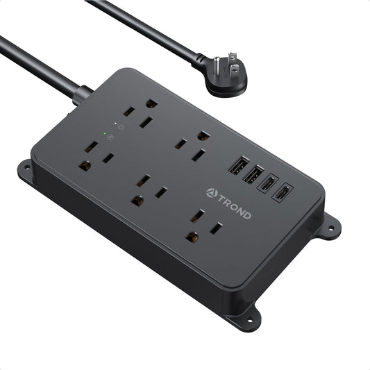 TROND Power Strip Surge Protector, 5 Widely-Spaced Outlets with 2 USB A and 2 USB C, ETL Listed, Wall Mountable, Flat Plug 5ft Extension Cord, 1300J