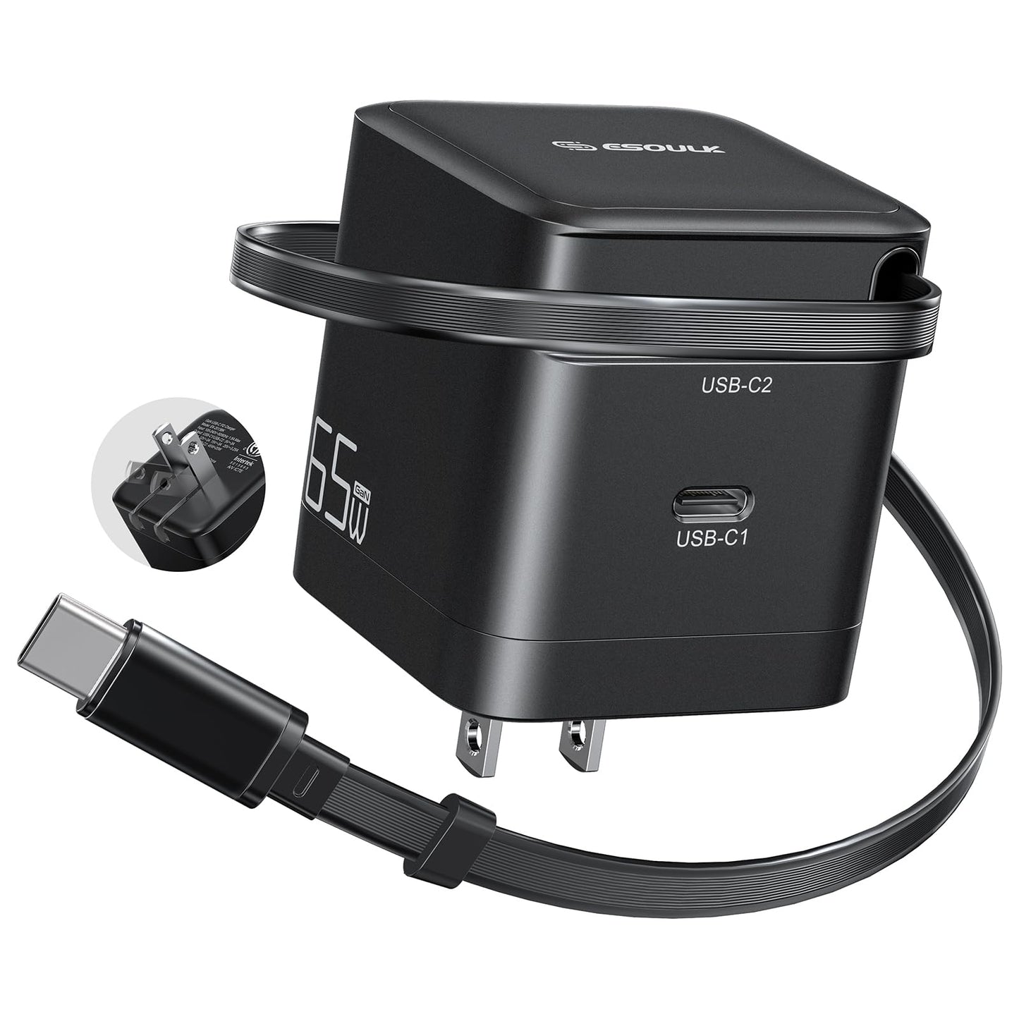 [Esoulk] 65W GaN USB C Charger with 27.5" Retractable Cable, Dual Port Fast Charger with Foldable Plug for iPhone, MacBook & Samsung