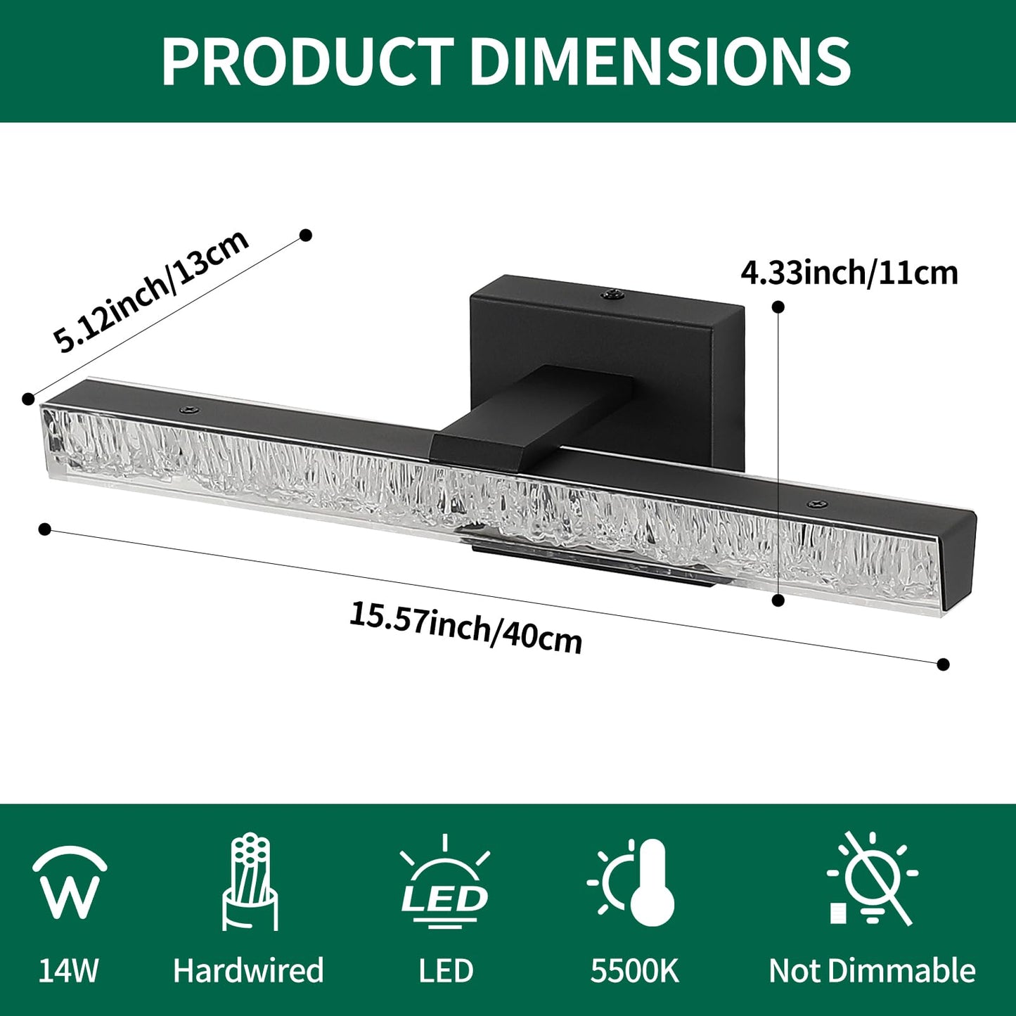 Bicrink Modern LED Bathroom Vanity Light Fixtures, 16-Inch Black Wall Sconce with Iceberg Crackle Acrylic, Linear Bathroom Lighting Over Mirror