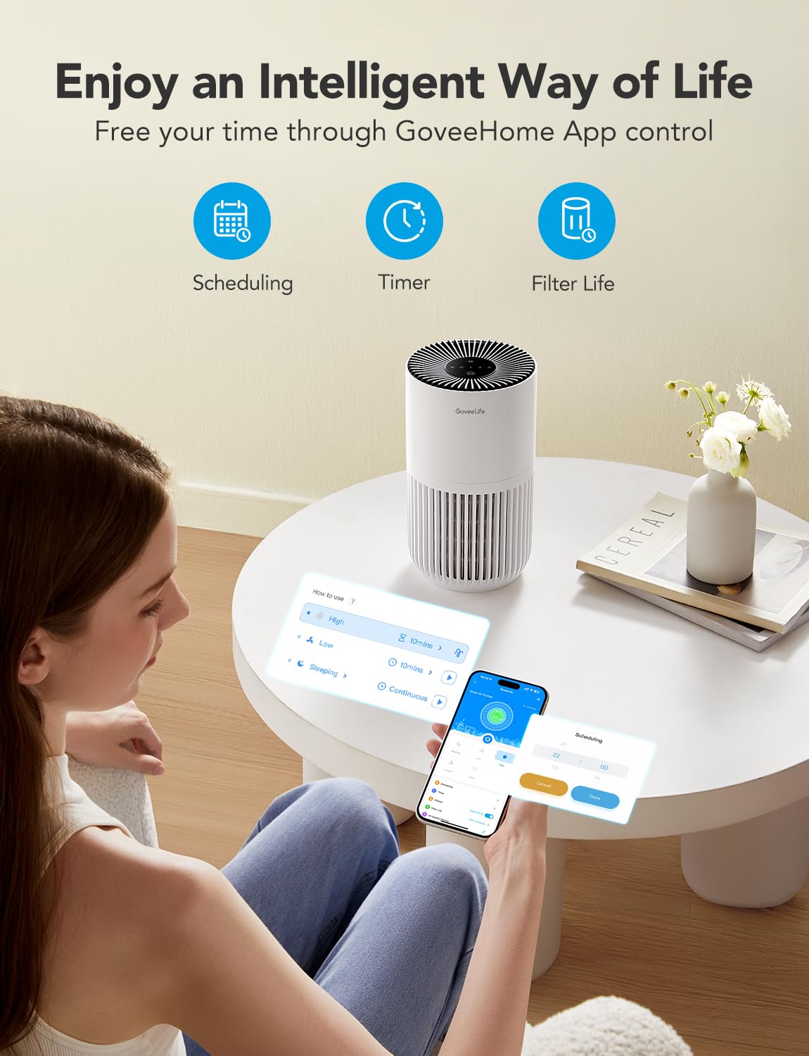 GoveeLife Smart Mini Air Purifier for Bedroom, with App & Alexa Control