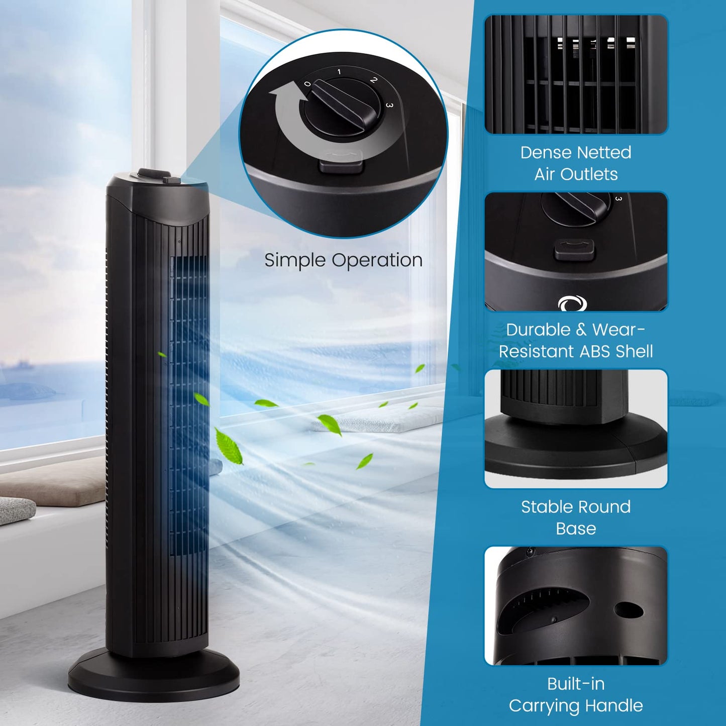 DORTALA Tower Fan, Quiet Cooling Bladeless, 3 Speed, 3 Wind Mode, 28-Inch Oscillating Tower Fan for Bedroom, Living Room (Black)