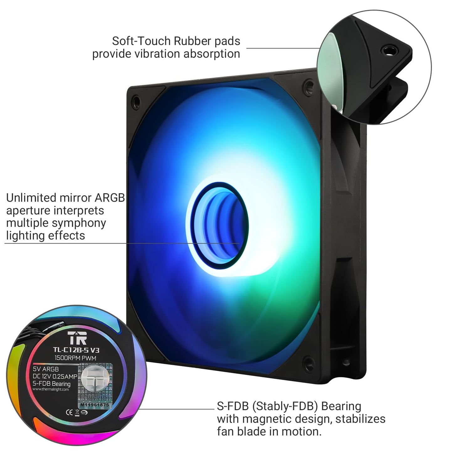 Thermalright TL-C12B-S V3 Case Fan 120mm ARGB CPU Cooler Fan Comes with ARGB Mirror Light Effect,PC PWM Silent Fan with 1500RPM Speed, Black CPU