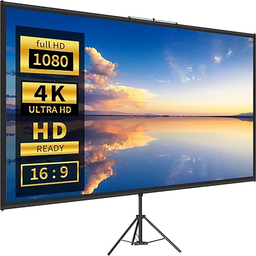 Tripod Projector Screen with Stand 90 inch 16:9 4K HD Projection Screen Stand Wrinkle-Free Height Adjustable Portable Screen for Projector Indoor