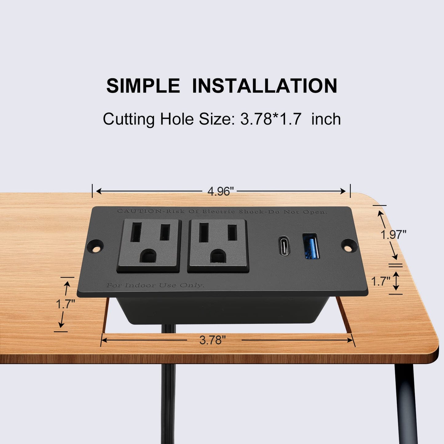 USB C Recessed Power Strip Fast Charge Desktop Power Station 2 Outlets 2 USB (PD20W & QC18W, Total 20W) Mountable Flat Plug Extension Cord Mount