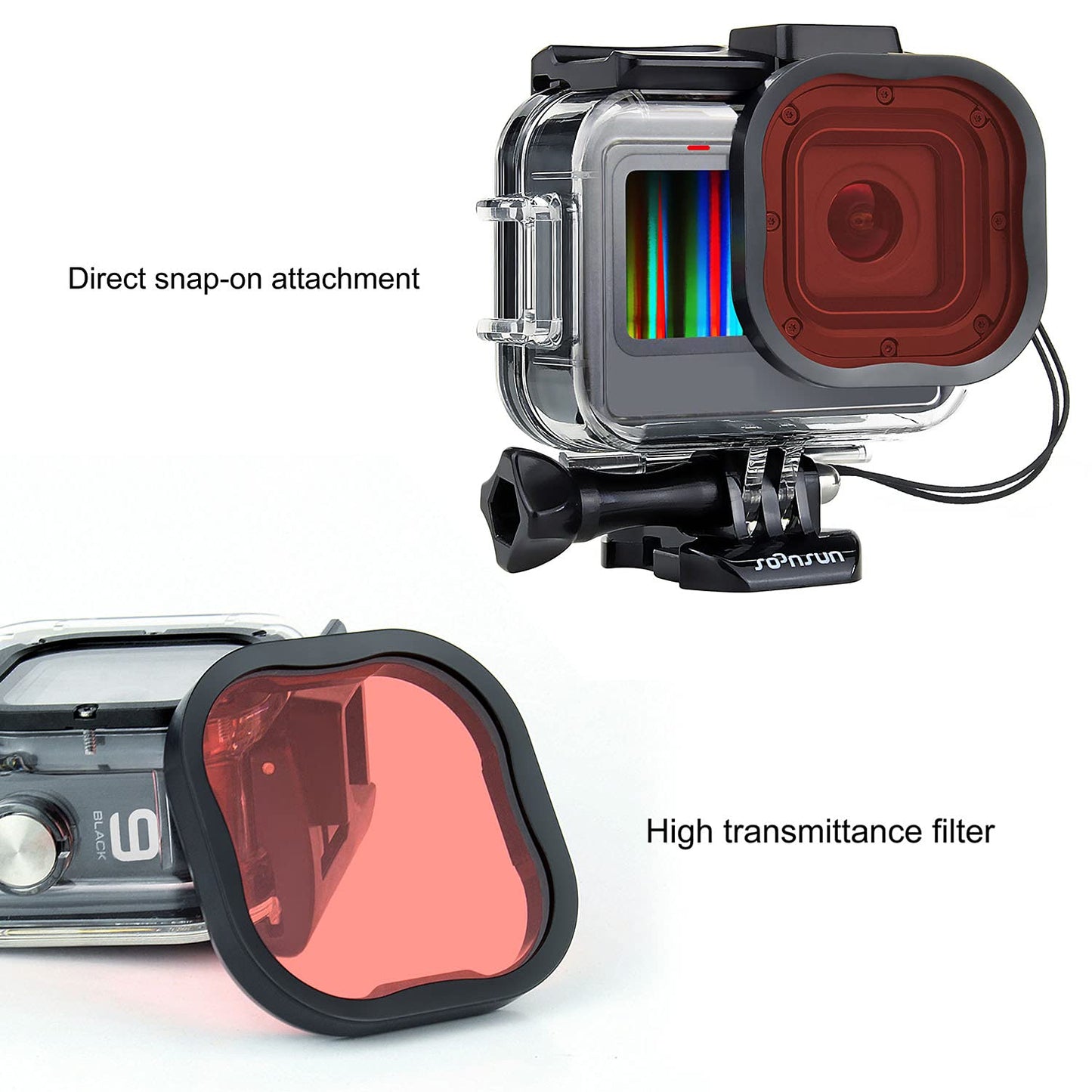 SOONSUN Waterproof Case with Dive Filters for GoPro Hero 13/12 / 11/10 / 9 Black, 196 Feet Underwater Protective Dive Housing Case with Red, Light