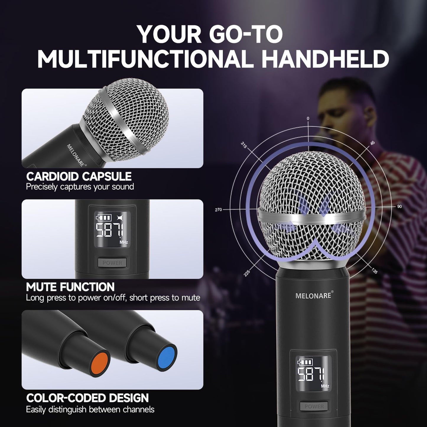 Dual Channel Wireless Microphone System, MELONARE Auto-Scan Professional Cordless Dynamic Mic Set, 260ft Range, 2x100 UHF Metal Wireless Mic for