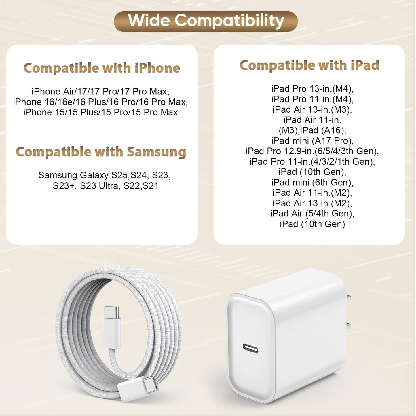Fast Charger iPhone17/16 Charging, 3Pack 20W USB-C Charger iPhone Charger Fast Charging Type C Port Wall Plug 6FT USB C to C Woven Cable for iPhone
