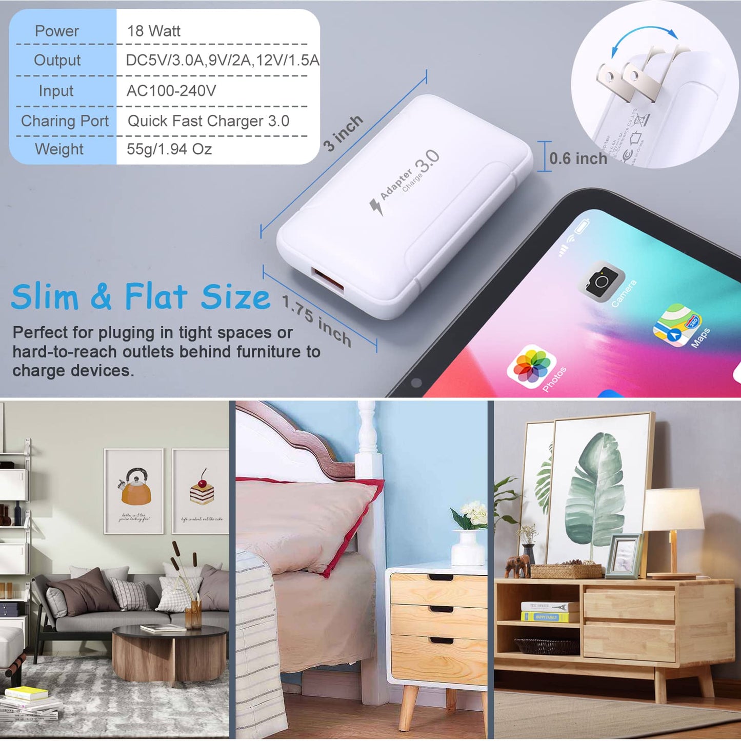 Slim Flat USB Wall Charger, Costyle 2 Pack 18W GaN Tech Fast Charge 3.0 Port Fast Charging Block with Foldable Plug Compatible for Samsung Galaxy S10