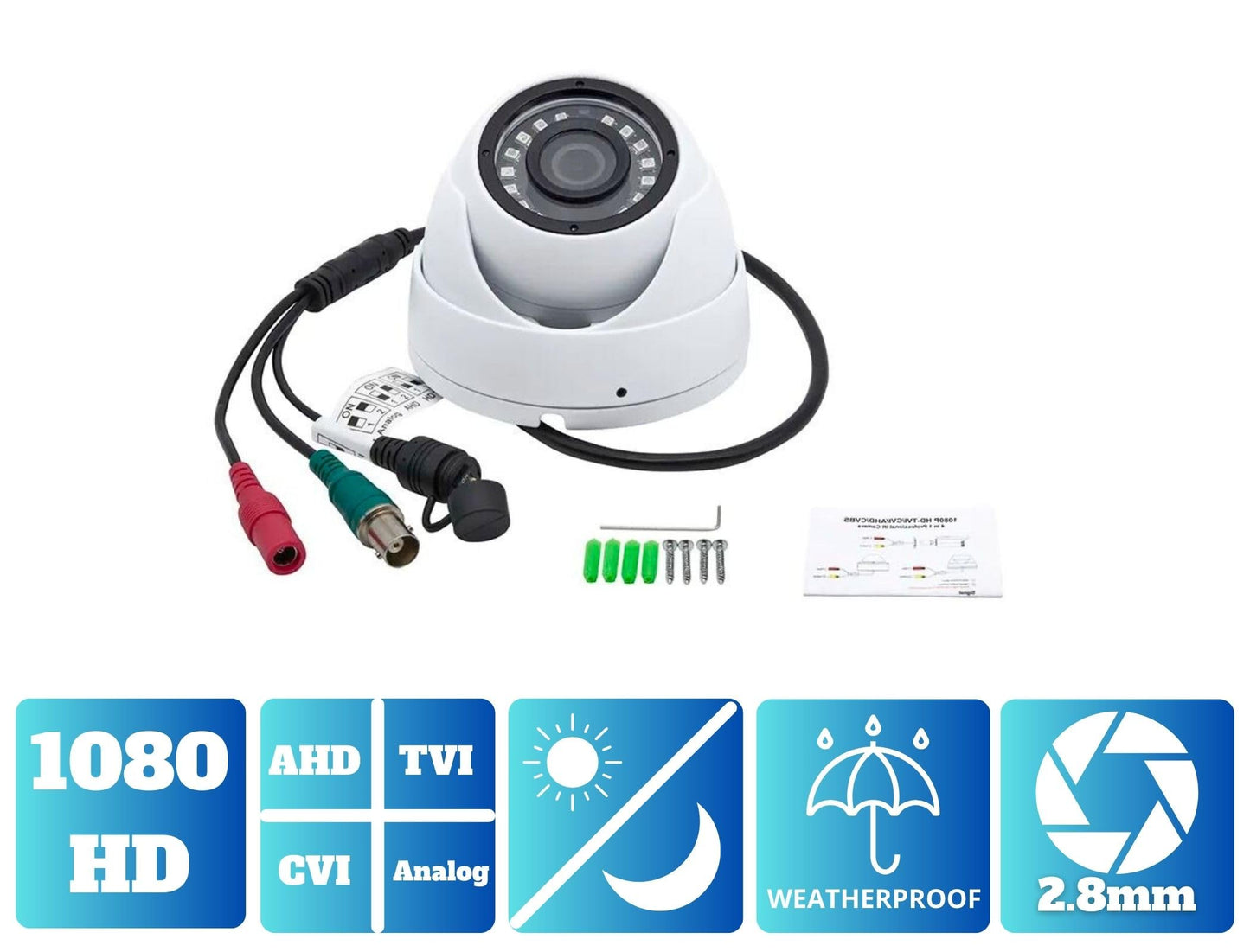 Evertech Full HD 1080P AHD TVI CVI Analog (CVBS) Dome Security Camera Indoor Outdoor Weatherproof Metal Housing 2.8mm Fixed Wide Angle Lens 50ft Night