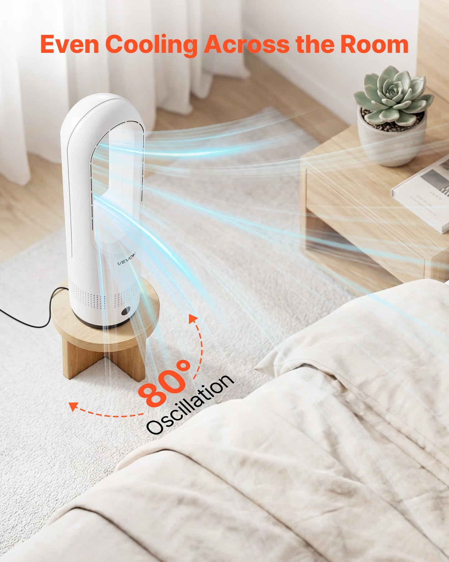 VEVOR Bladeless Tower Fan, 80° Oscillating Standing Fan, 8 Speeds & 9-Hour Timer, 15.42 ft High Velocity Floor Air Circulator, Powerful Airflow