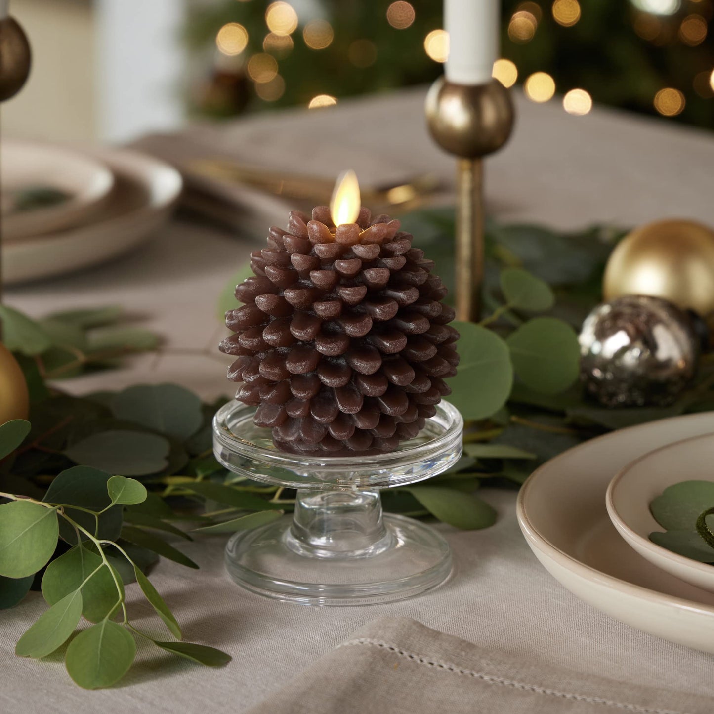 Luminara Pinecone Flameless Candles Chalky Brown Finish Pine Cone Figural, Real Wax Unscented LED Candles, Battery Operated with Timer, Holiday