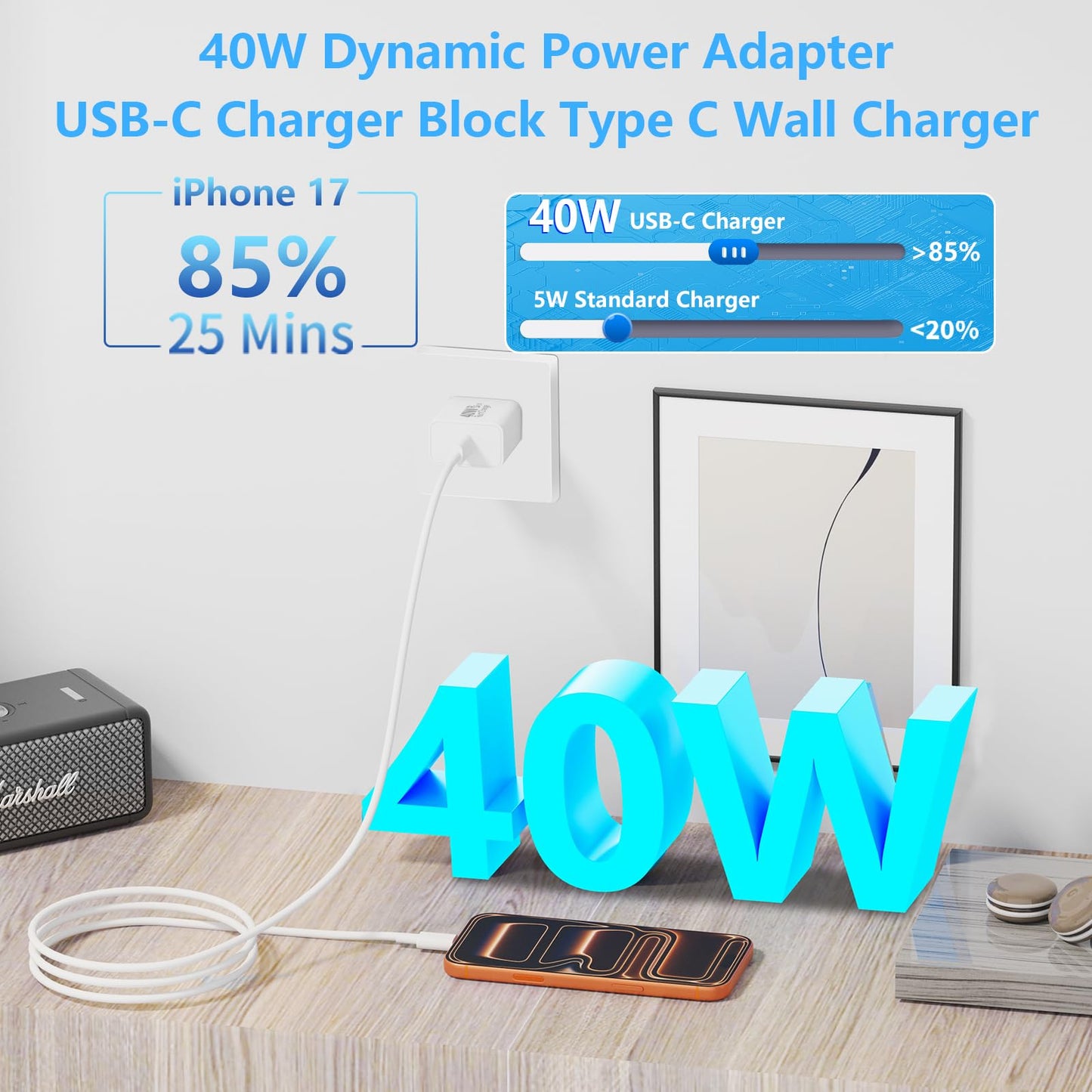 [Apple MFi Certified] iPhone 17 Charger Fast Charging, GEONAV 4Pack 40W USB C Charger Dynamic Power Adapter Type C Chargers Block with 6FT Type Cable