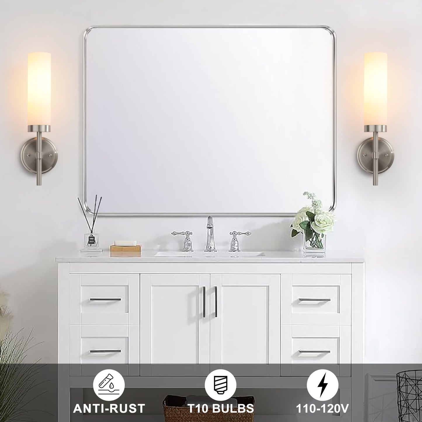 Wall Sconces Set of Two,Brushed Nickel Bathroom Sconces Wall Lighting with White Glass, Modern Sconces Wall Decor Set of 2 Wall Light fixtures