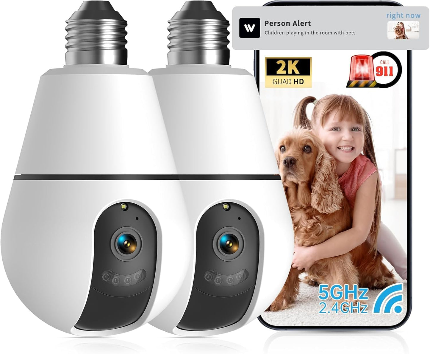 Light Bulb Security Camera,2.4G/5GHz WiFi 2K Security Cameras Wireless Outdoor Indoor,Bulb Cameras for Home Security,AI Smart