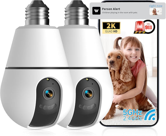 Light Bulb Security Camera,2.4G/5GHz WiFi 2K Security Cameras Wireless Outdoor Indoor,Bulb Cameras for Home Security,AI Smart