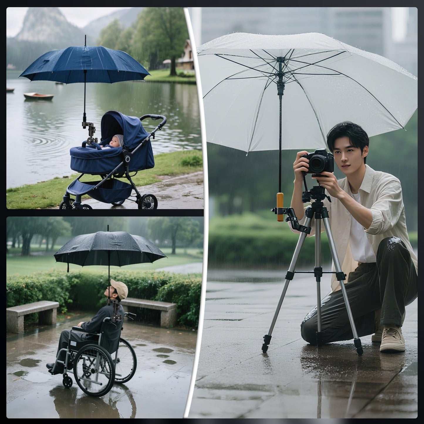 BRDRC Double Clamp Mount Umbrella Holder Camera Pole Bracket for Stroller Wheelchair Monitor Magic Socket Arm Desk Photo Studio Light Stand