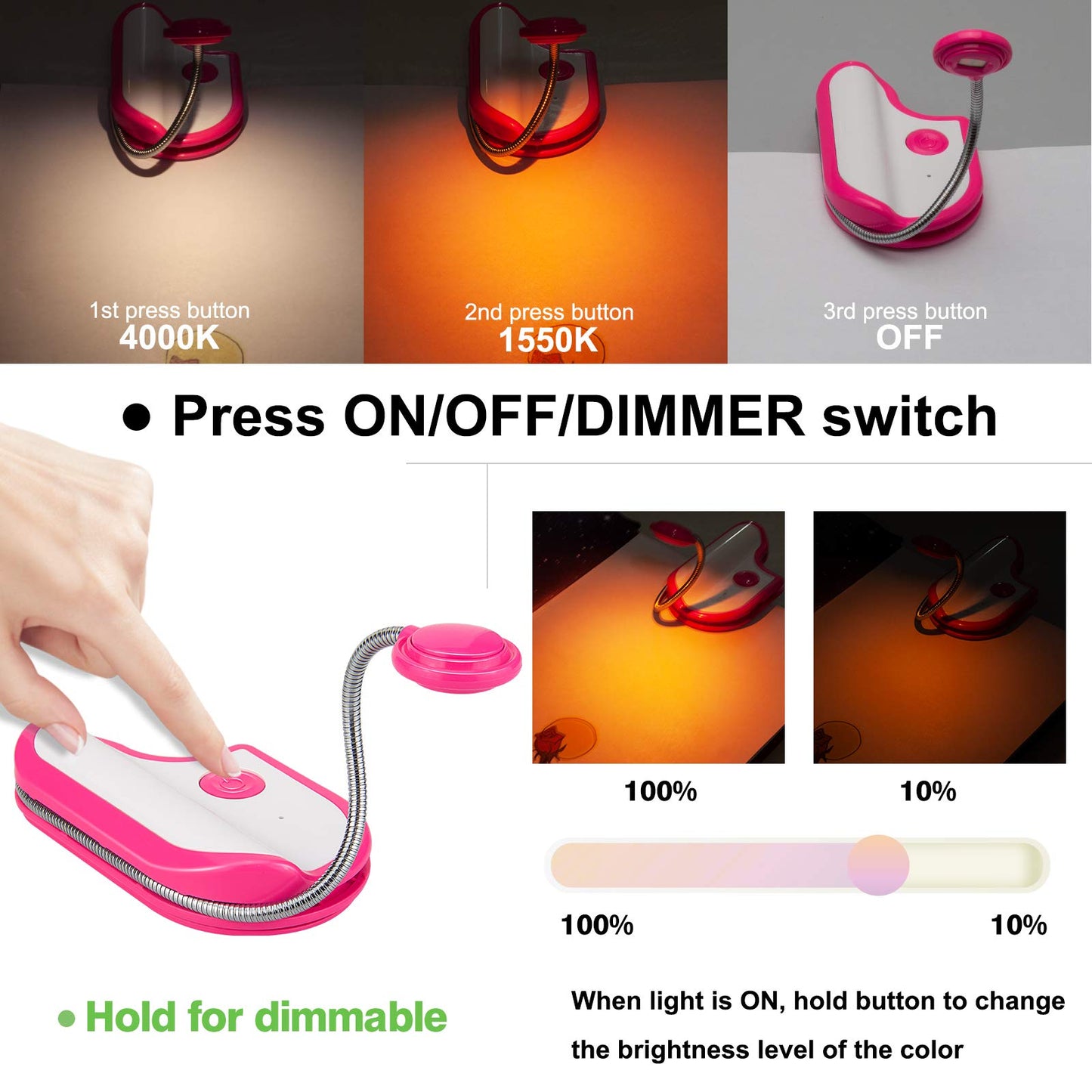 BIGMONAT Rechargeable Reading Light for Kids,Small Amber Book Reading Lights,Multi Colors Portable LED Reading Lamp with 365° Rotary Light