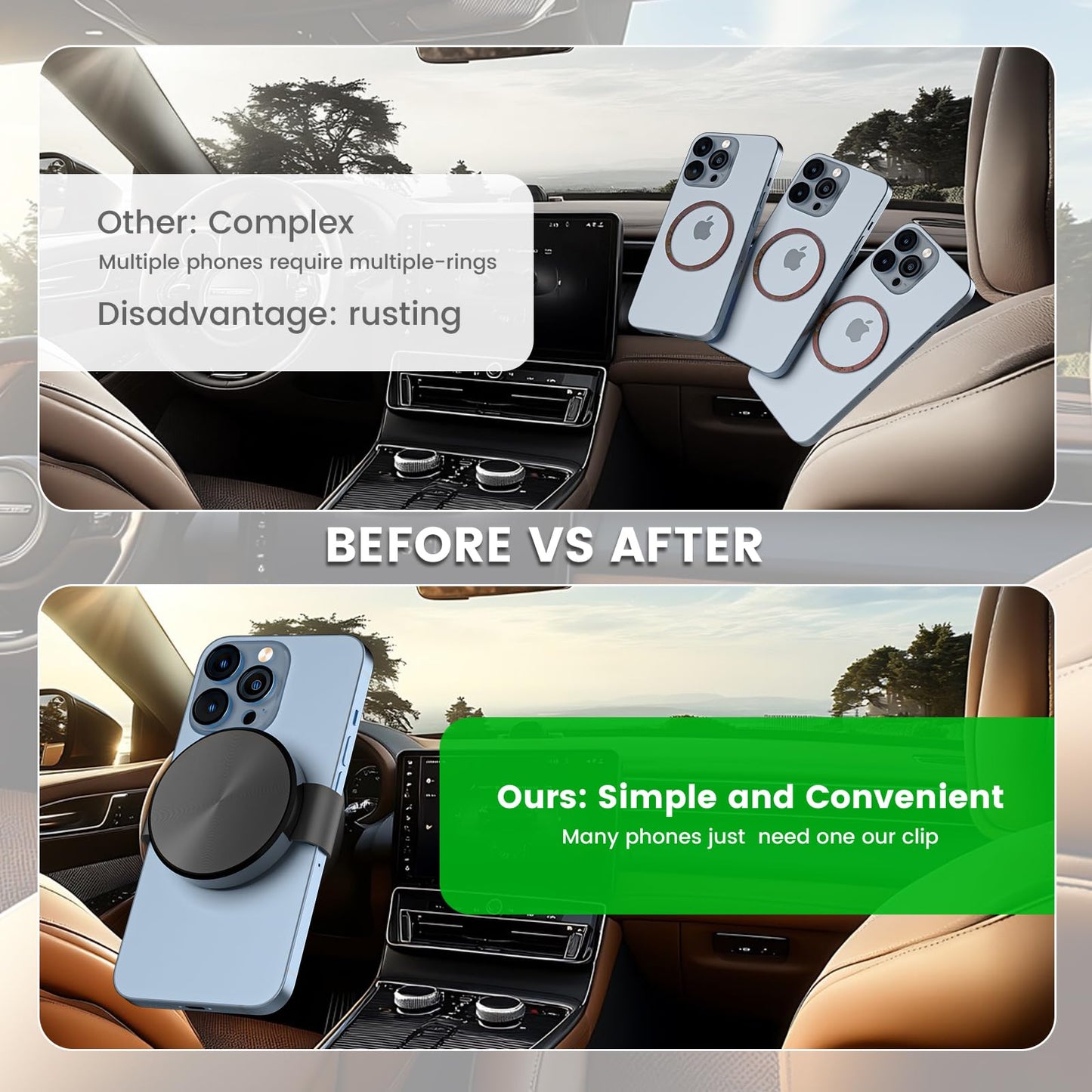 Phone Clamp for Magnetic Car Phone Holder, Aviation Aluminum Black - No Magnetic Case & Rings Needed, Enhanced Suction & Magnetic, Compatible with All