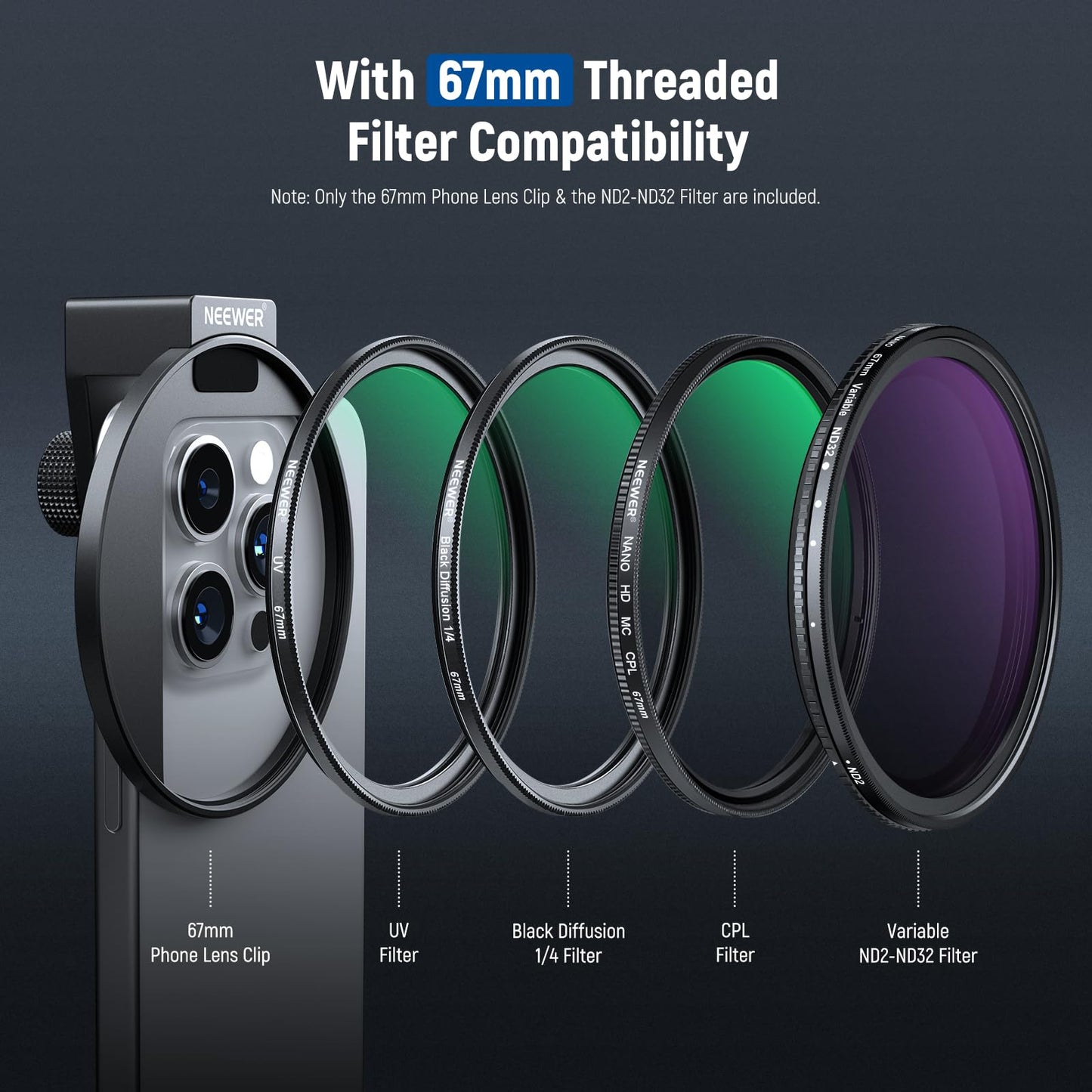 NEEWER 67mm Clip On Variable ND Filter Kit with Cold Shoe Phone Clip, Adjustable ND2-32 Filter Compatible with iPhone 17 16 15 Pro Max Plus Android