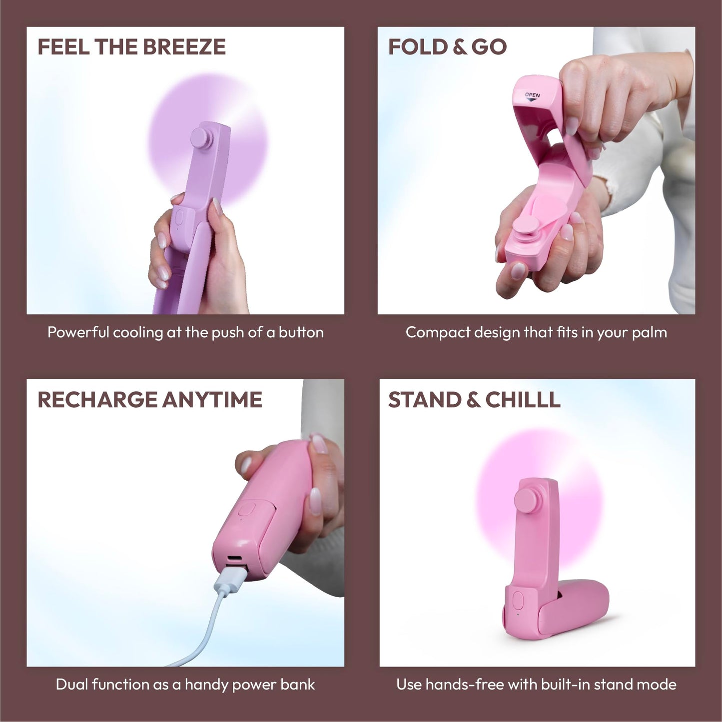 Red by Kiss 2-in-1 Rechargeable Pocket Fan - Mini USB-C Handheld, 3 Speeds, Foldable Travel, 4H Runtime (Purple)