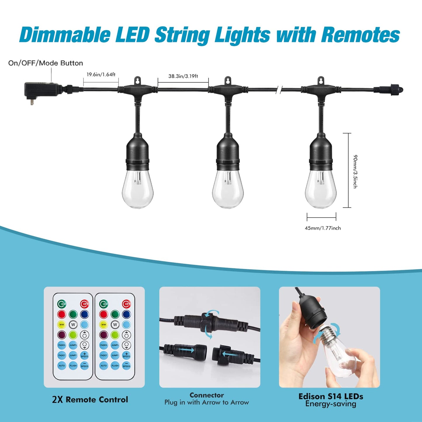 IPStank 96FT Solar Outdoor String Lights, 30 Shatterproof Edison LED Bulbs, Dimmable RGB Color Changing Patio Lights Waterproof with Remote. for Patio