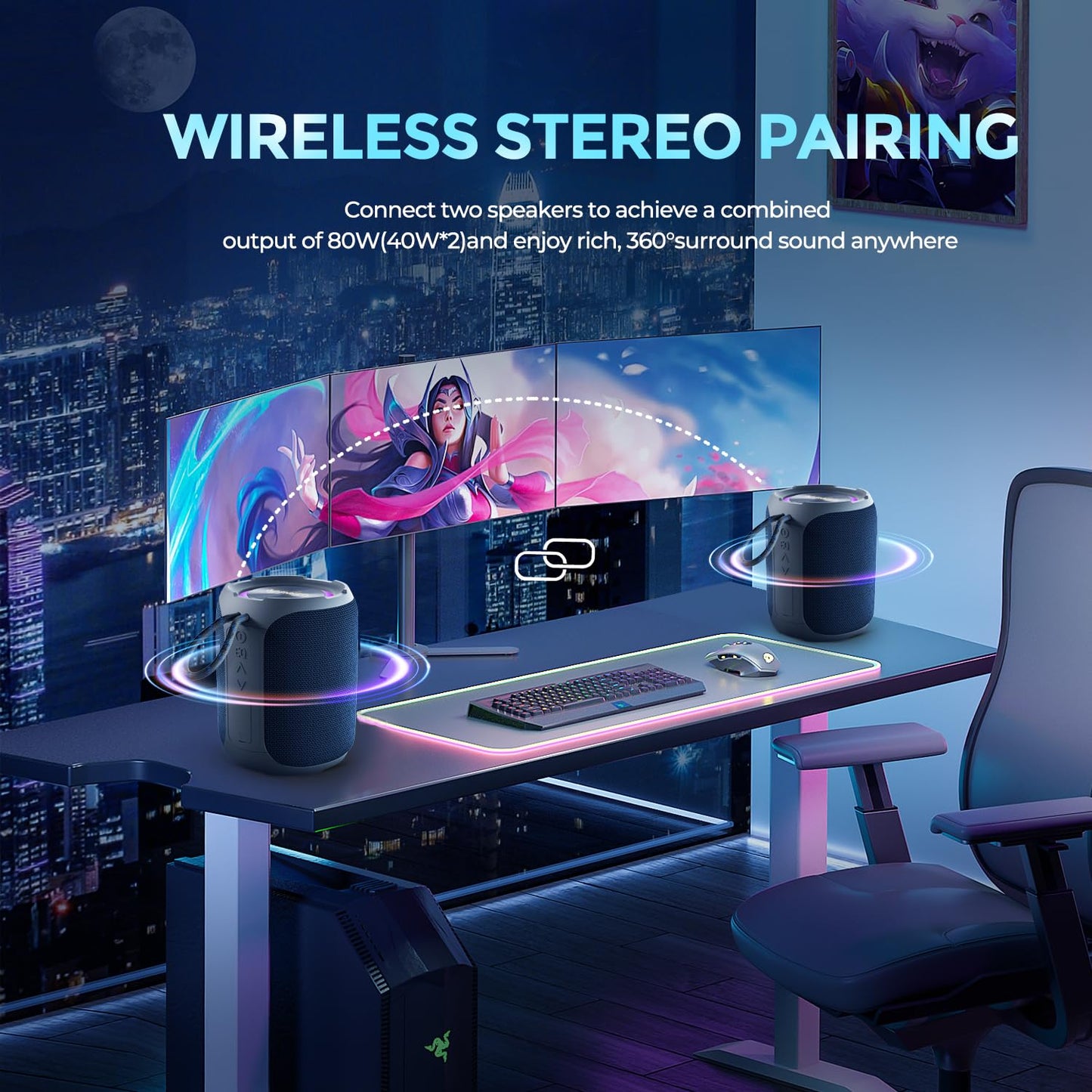 YEAHBOX Portable Bluetooth Speaker, Bluetooth 5.3 40W Wireless Stereo with Deep Bass, RGB Lights, IPX7 Waterproof, Long-Lasting Battery, TWS Pairing