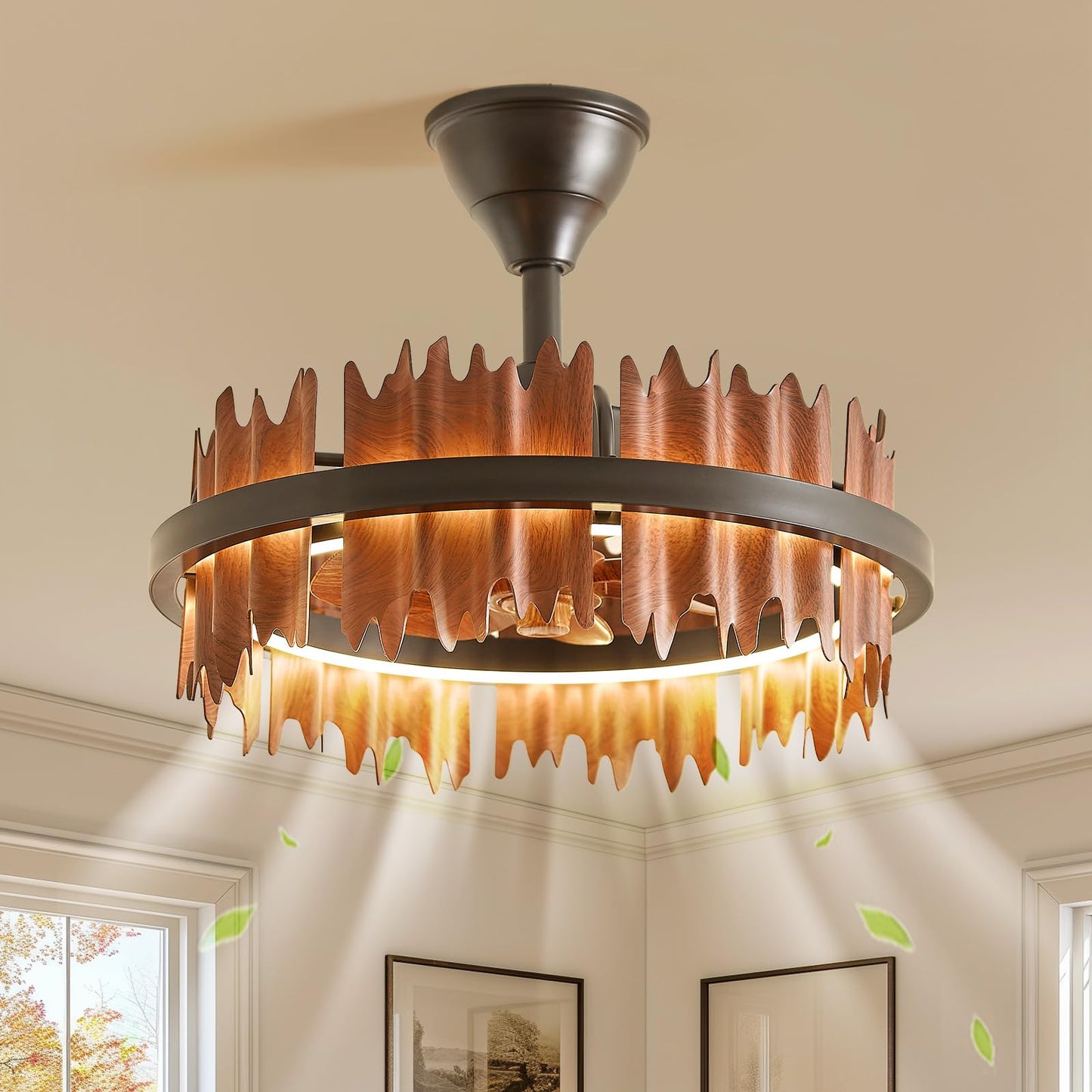 SAYTOP 19.7” Rustic Caged Ceiling Fan with Light, Farmhouse Wood Fandelier Ceiling Fan, 6 Speed and Reversible, Dimmable LED Chandelier Fan