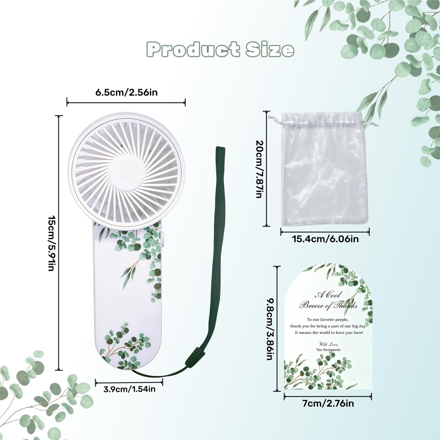 EPWQLC 48 Pack Wedding Mini Fans Bulk, Mini Portable Fan Bulk with Organza Bags and Thank You Cards, Handheld Battery Operated Fan for Wedding Bridal