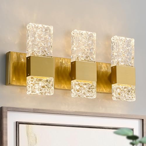 OYLYW Gold Bathroom Vanity Lights Fixtures Over Mirror LED Crystal Modern 3 Light Brushed Stainless Steel Wall Mount Light for Bathroom Lighting