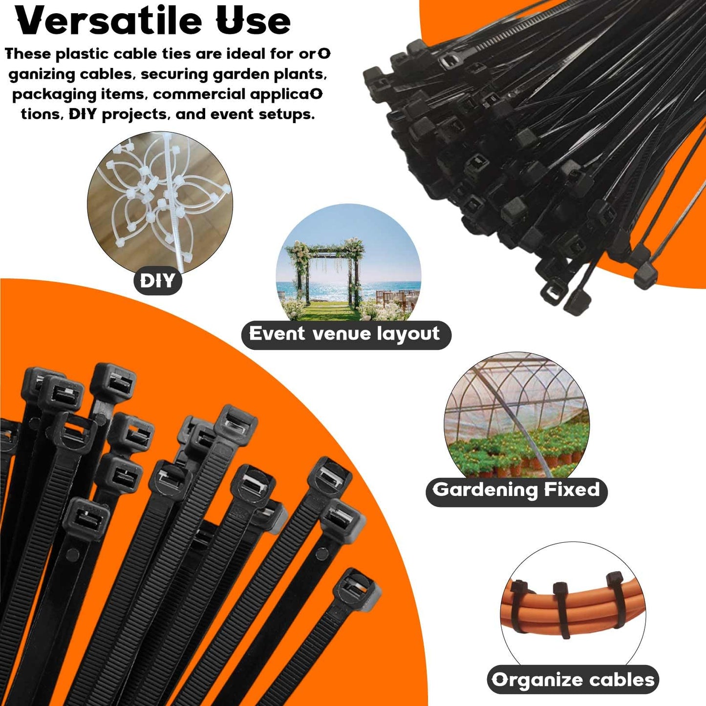 ZFFKZ 100 Pcs Black Cable Ties, 300mm x 3mm, UV-Resistant Nylon, Self-Locking Heavy Duty Cable Ties for Office, Garden, Packaging,Home and Event