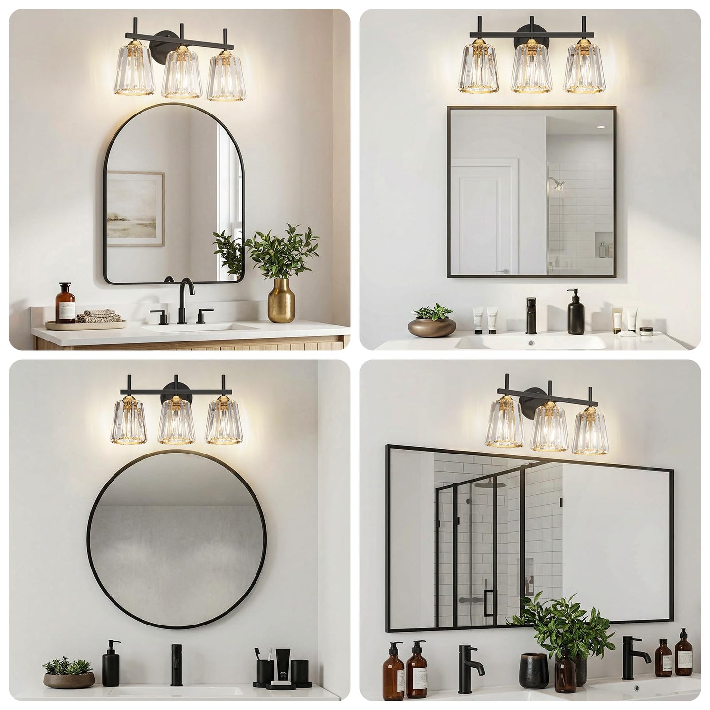 KernLite Crystal Bathroom Light Fixtures Over Mirror, Black Gold 3-Light Bathroom Vanity Lights Over Mirror Modern Wall Lighting Sconces with Ceramic