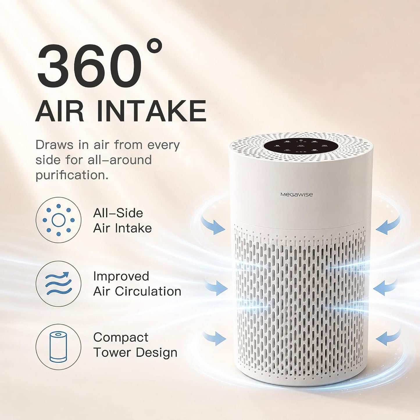 MEGAWISE Compact Air Purifier for Home, Quiet Air Circulation with Multi-Layer Filtration, Portable Design for Bedroom, Office & Small Spaces