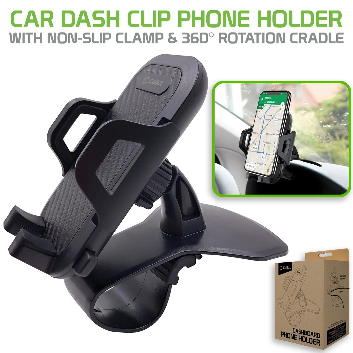 Cellet Car Dash Clip Phone Holder with Non-Slip Clamp & 360° Rotation - Dashboard Mount Compatible with iPhone, Android - Secure, Adjustable Cradle