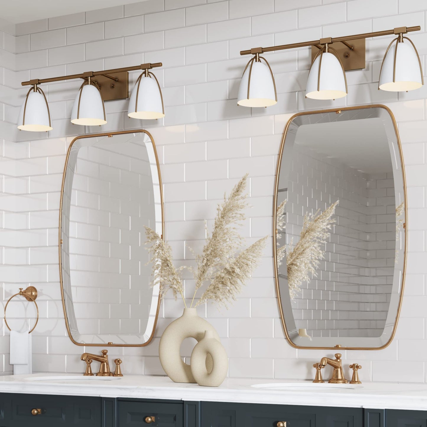 Nathan James Aubrey 3-Lights Farmhouse Wall Light Fixture, Bathroom Vanity Light with Brass Metal Frame and Gold and White Cage Shades for Bathroom