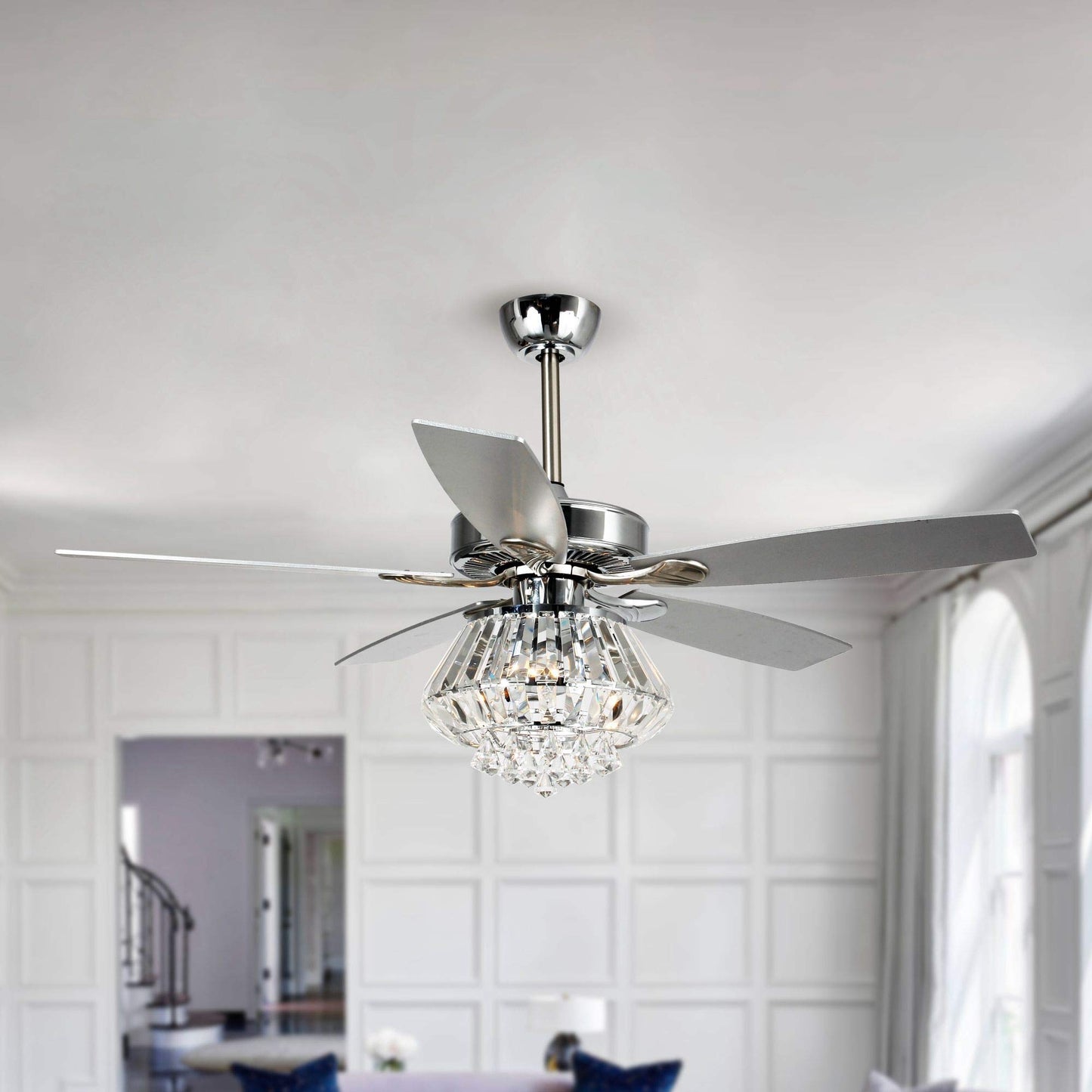 Vaczon 52'' Farmhouse Ceiling Fan with Light & Remote - Silver Caged Fandelier Style, Crystal Chandelier with 6 Speeds,Reversible Motor