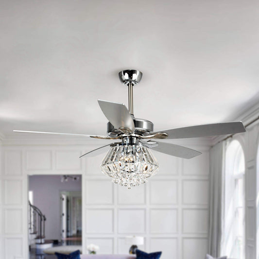 Vaczon 52'' Farmhouse Ceiling Fan with Light & Remote - Silver Caged Fandelier Style, Crystal Chandelier with 6 Speeds,Reversible Motor